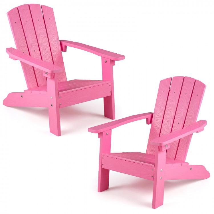 Set of 2 pink kid's Adirondack chairs with high backrest and armrests, perfect for indoor and outdoor use.