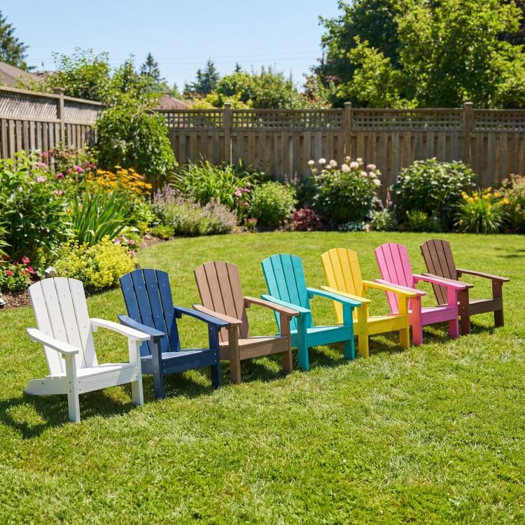 Set of 2 kid's Adirondack chairs in pink with high backrest and armrests, perfect for outdoor relaxation.