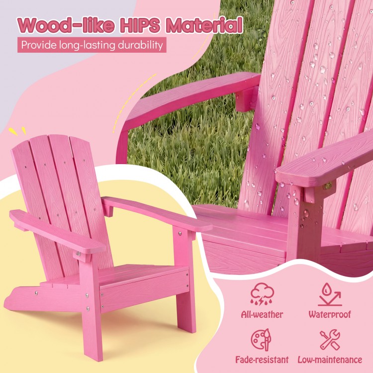 Kid's Adirondack chair in pink with high backrest and armrests, made of all-weather HDPE for indoor and outdoor use.