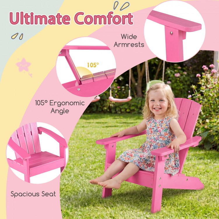 Kid's Adirondack chair in pink with wide armrests, 105° ergonomic angle, and spacious seat for outdoor or indoor use.