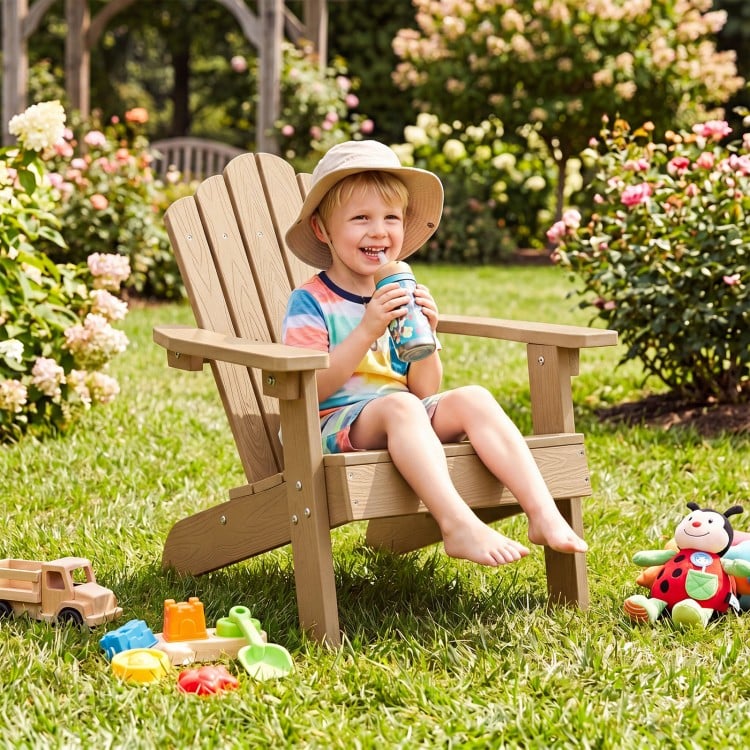 Kids Adirondack chair in brown with tilted high backrest, perfect for outdoor relaxation in the garden or backyard.
