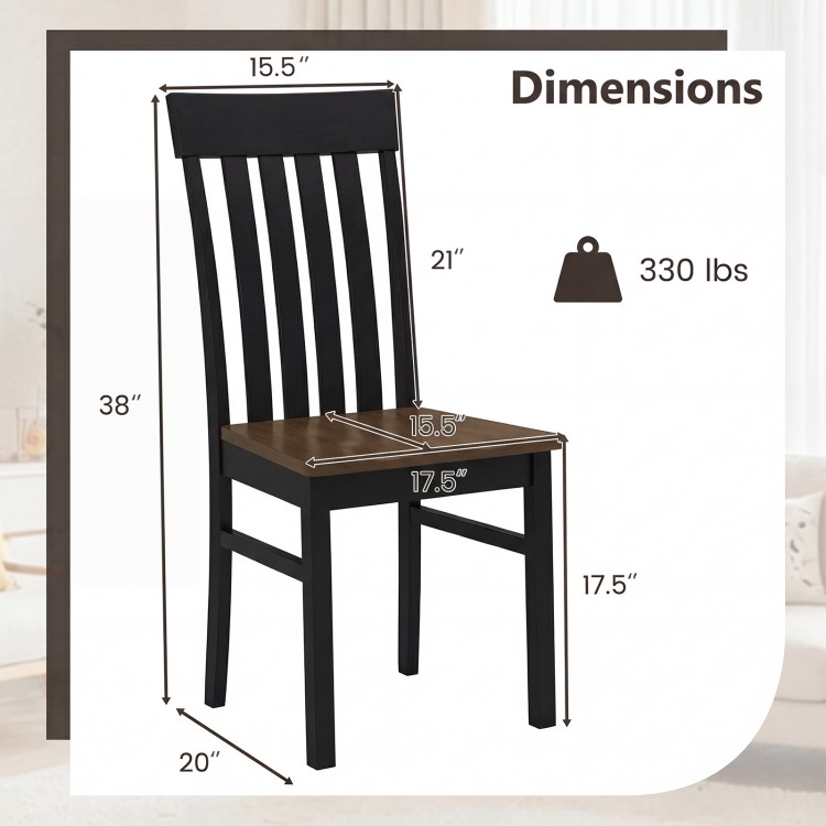 Black armless dining chair with slatted high backrest, featuring ergonomic design and rubber wood legs, dimensions.