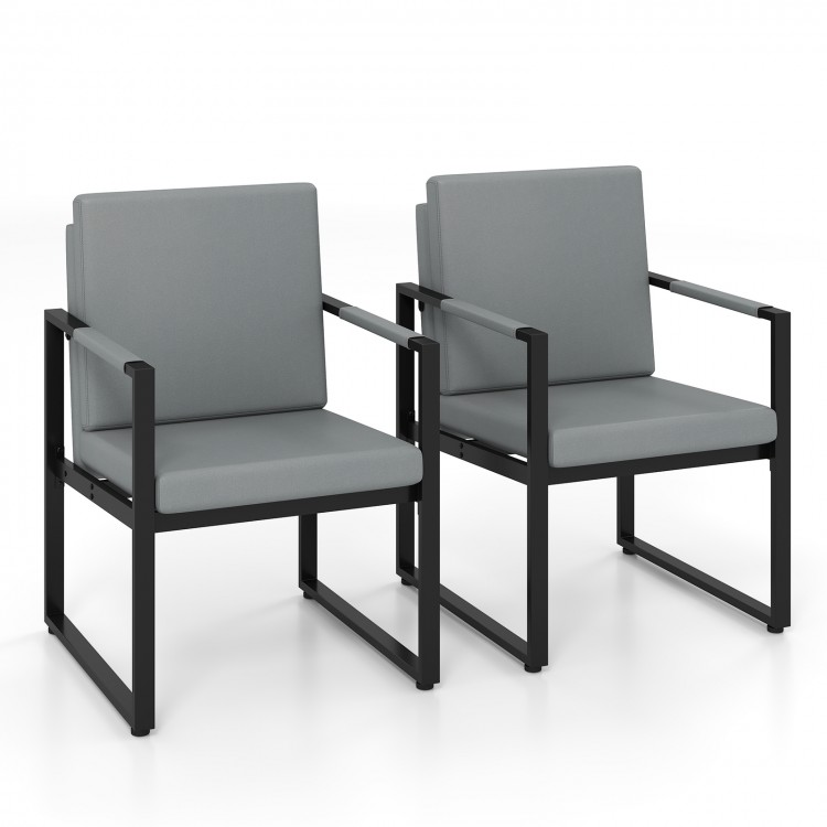Set of 2 gray mid-century modern sofa chairs with cushions, featuring sturdy metal frames for versatile seating.