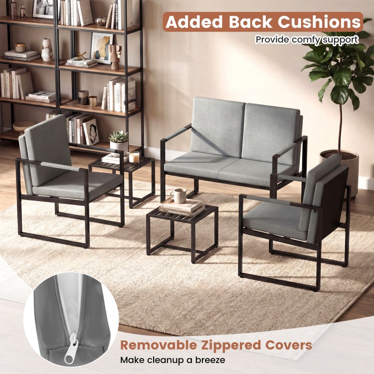 Mid Century Modern single sofa chairs with gray cushions and sturdy metal frames, ideal for living rooms or workspaces.