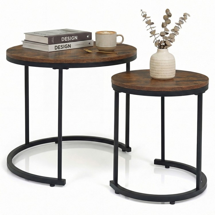 Set of 2 rustic brown nesting coffee tables with a sturdy black frame, ideal for living room or bedroom use.