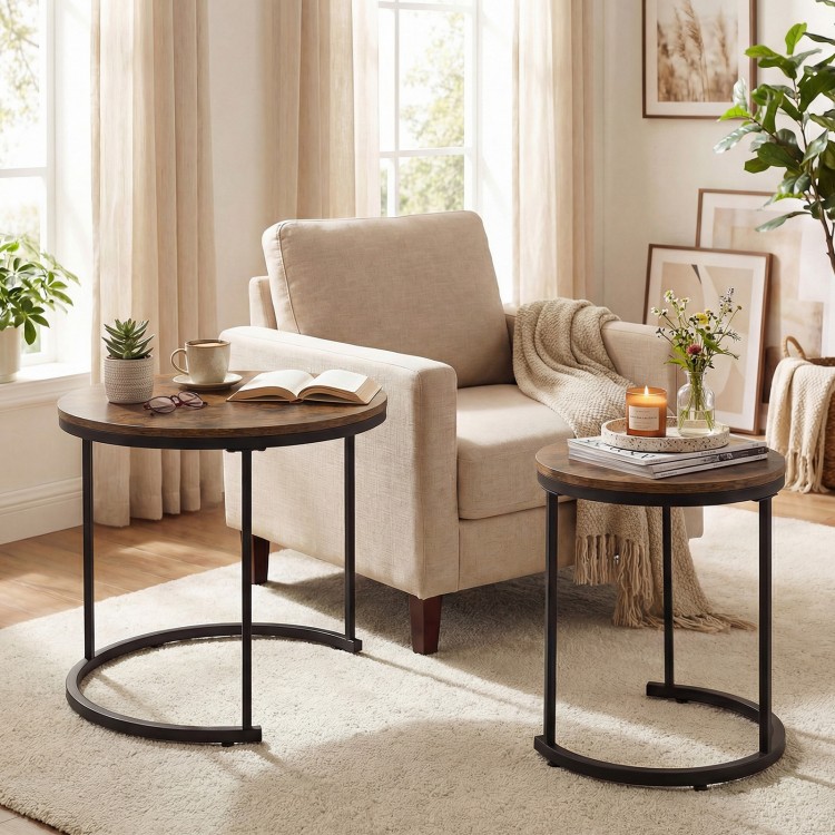 Set of 2 rustic brown round nesting coffee tables with a sturdy powder-coated frame, ideal for living room use.