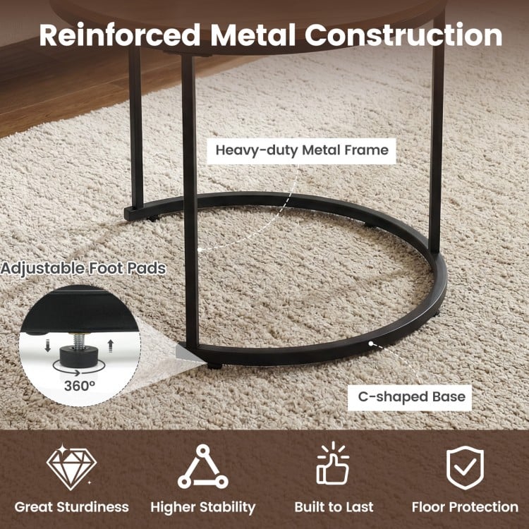 C-shaped base of a modern round nesting coffee table set with heavy-duty metal frame and adjustable foot pads for.