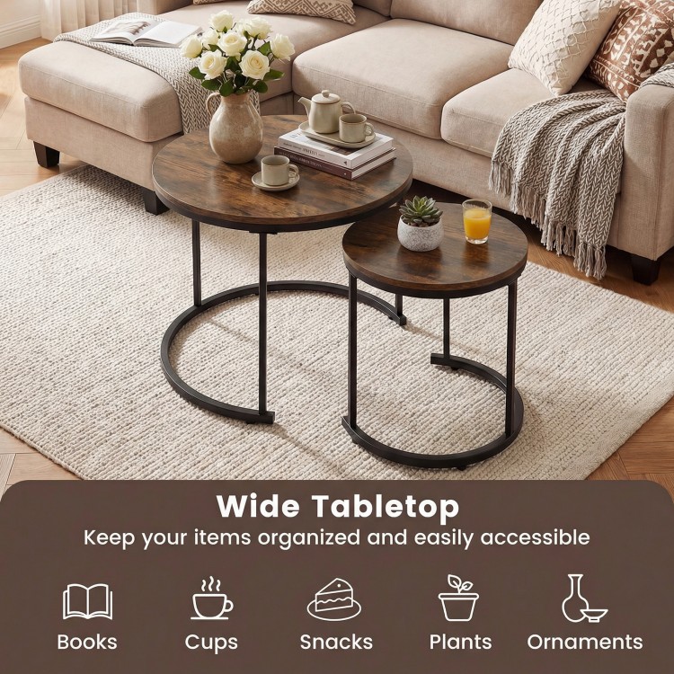 Set of 2 rustic brown nesting coffee tables with wide tabletops, perfect for organizing books and snacks in the living.