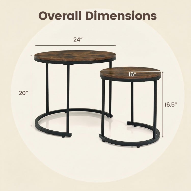 Set of 2 modern round nesting coffee tables in rustic brown with adjustable foot pads for living room use.