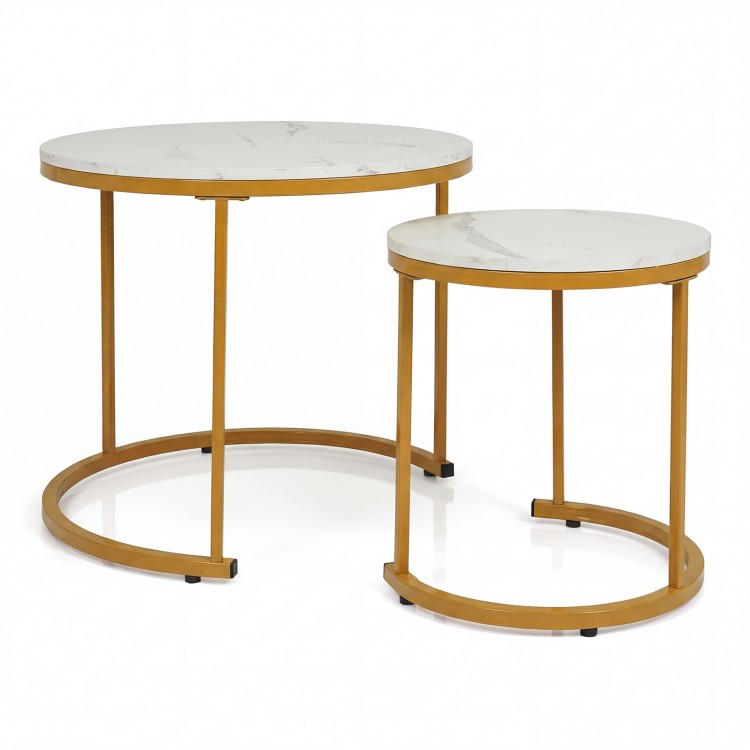 Set of 2 modern round nesting coffee tables with golden frames and marble tops, ideal for living room or bedroom use.