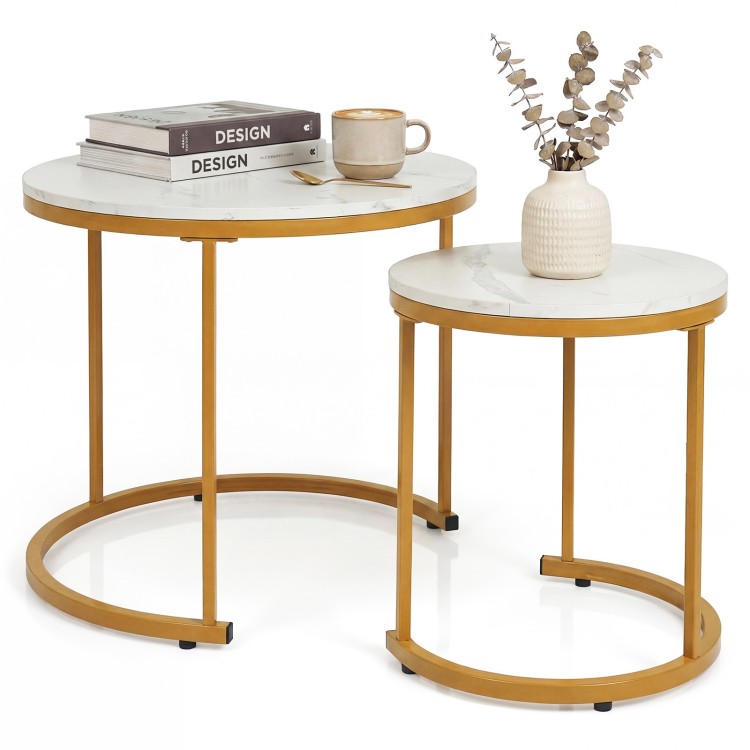 Set of 2 modern round nesting coffee tables with a golden frame, perfect for living room or bedroom decor.