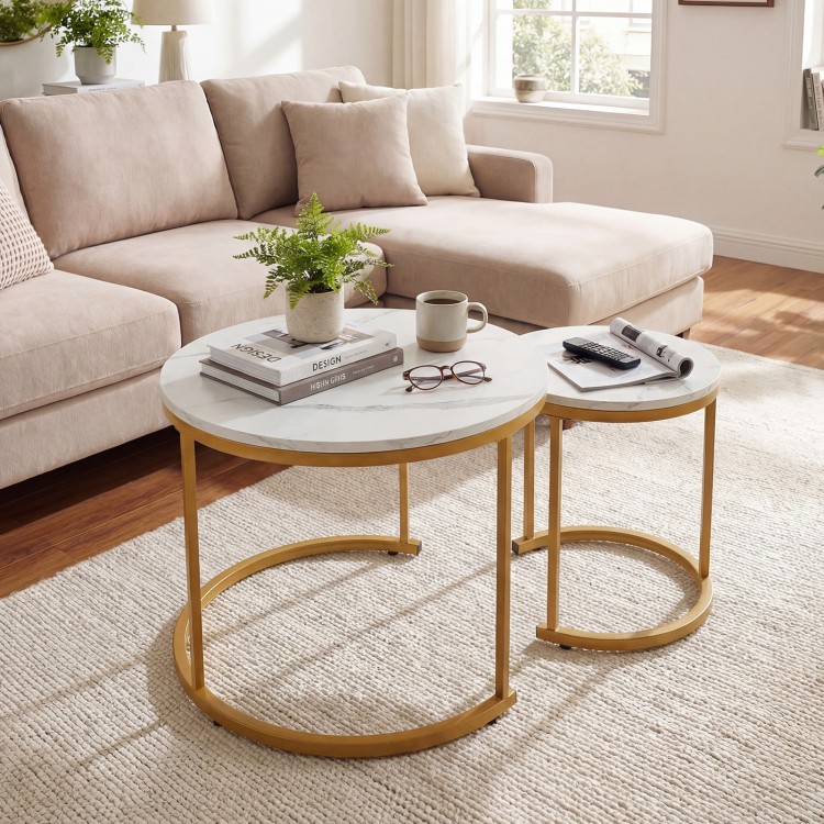 Modern round stacking nesting coffee tables with golden frames, perfect for living room or bedroom decor.