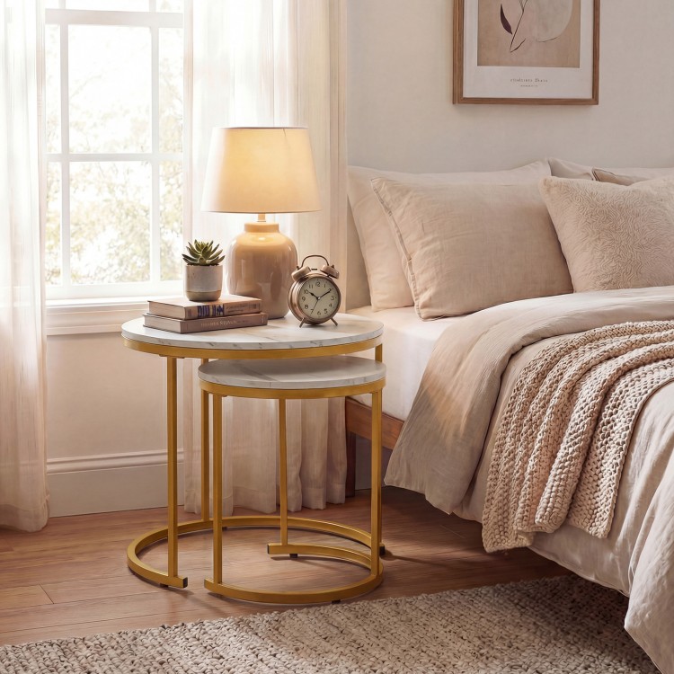 Modern round stacking nesting coffee tables in golden finish, perfect for living room or bedroom use, showcasing.