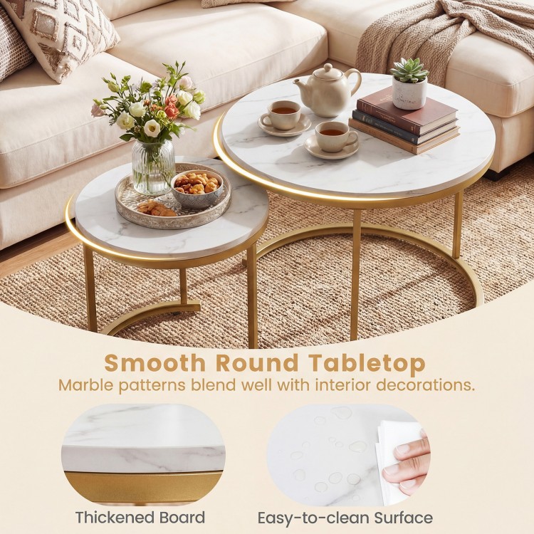 Set of 2 modern round nesting coffee tables with smooth marble tabletop and golden frame, ideal for living room decor.