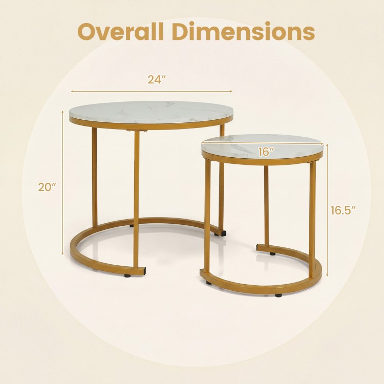 Set of 2 modern round nesting coffee tables with golden frames, featuring overall dimensions for versatile use in.
