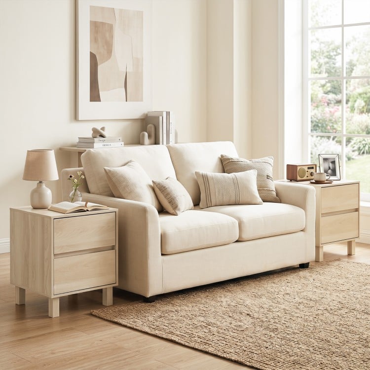 Modern wooden end table with two storage drawers, featuring a spacious tabletop and minimalist design for versatile.