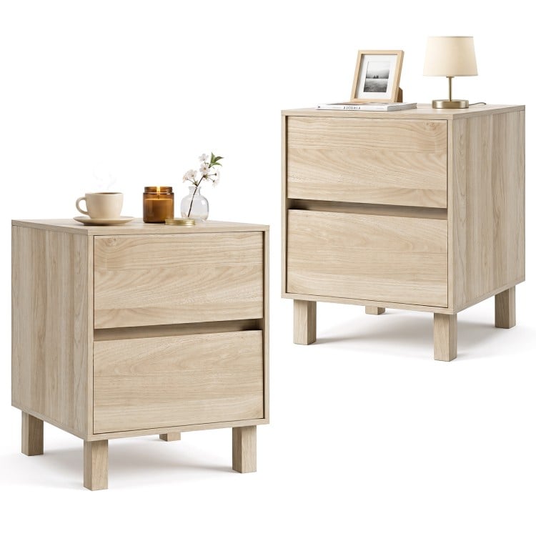 Modern wooden end table with two storage drawers, featuring a natural finish and sturdy legs for versatile home use.