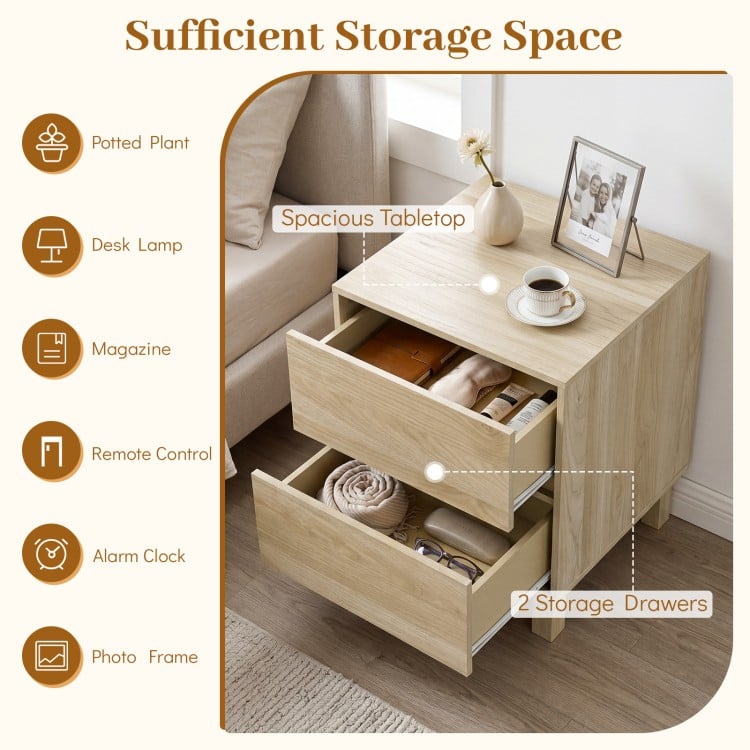 Modern wooden end table with 2 storage drawers and spacious tabletop, perfect for bedroom or living room organization.