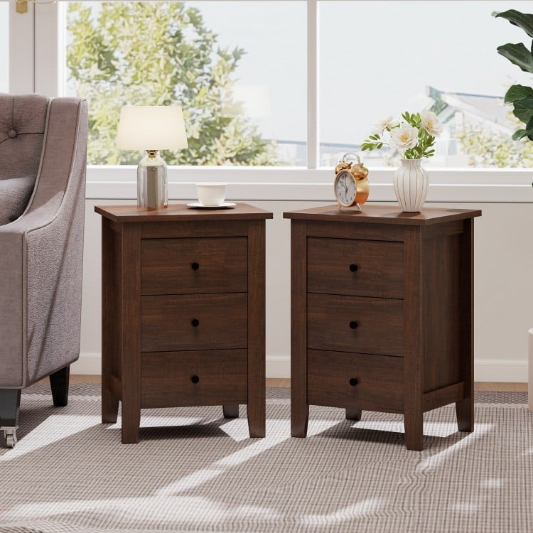 Set of 2 walnut nightstands with 3 drawers each, perfect for storage and enhancing home décor in any room.