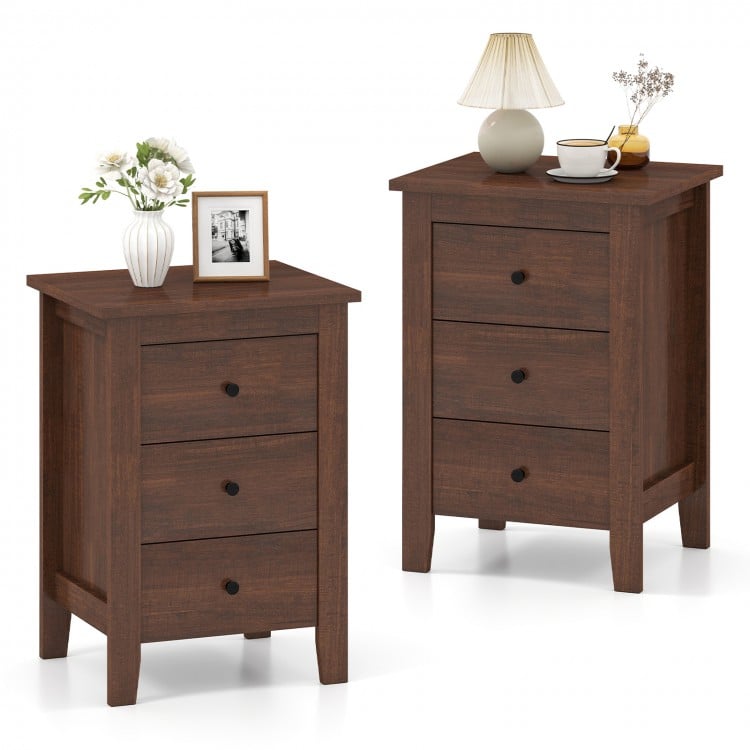 Set of 2 walnut nightstands featuring 3 drawers each, perfect for storage and enhancing home décor in any room.