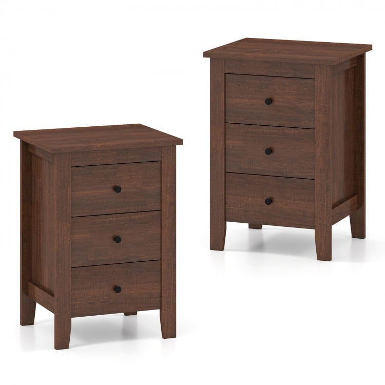 Set of 2 walnut nightstands featuring three drawers each for ample storage, perfect for enhancing home décor.