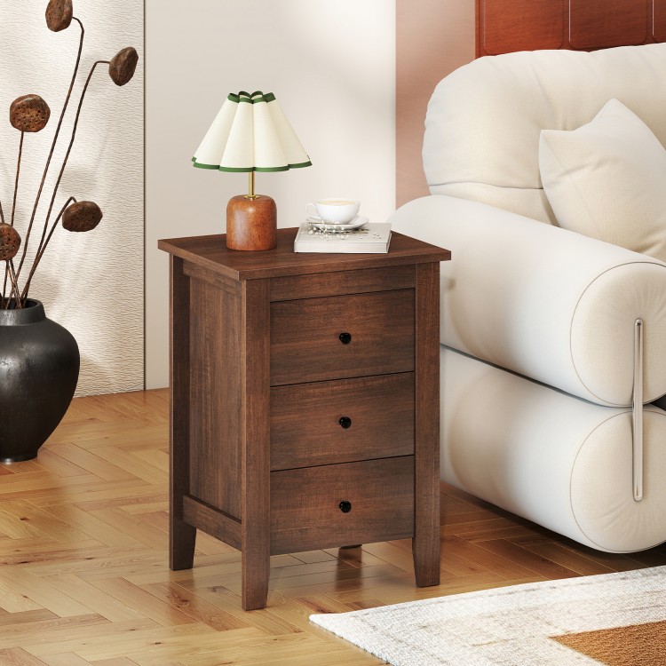 Walnut nightstand with three drawers, featuring a stylish design and space-saving construction for versatile room use.