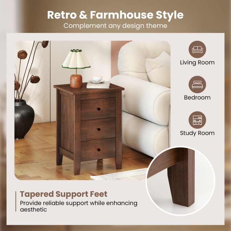 Walnut nightstand with three drawers and tapered support feet, perfect for living room, bedroom, or study room decor.