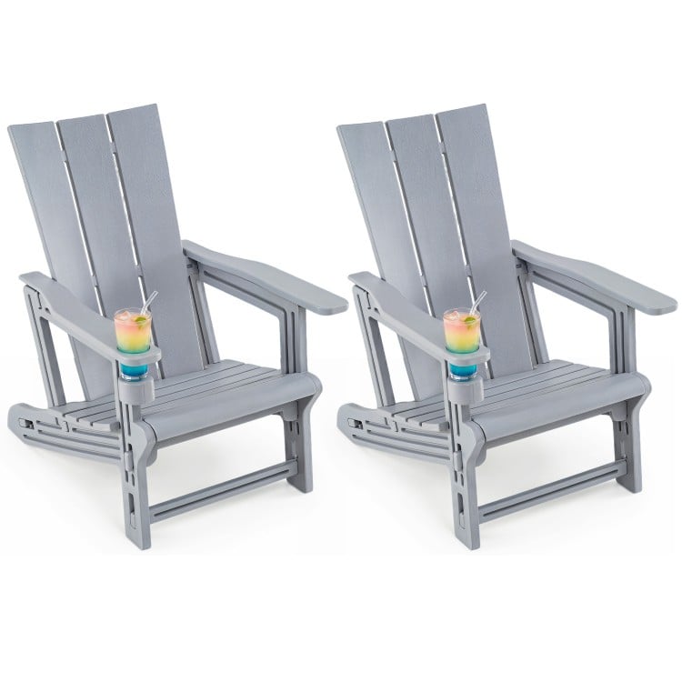 Set of 2 gray Adirondack chairs with cup holders, made from all-weather HDPE plastic for outdoor patio use.