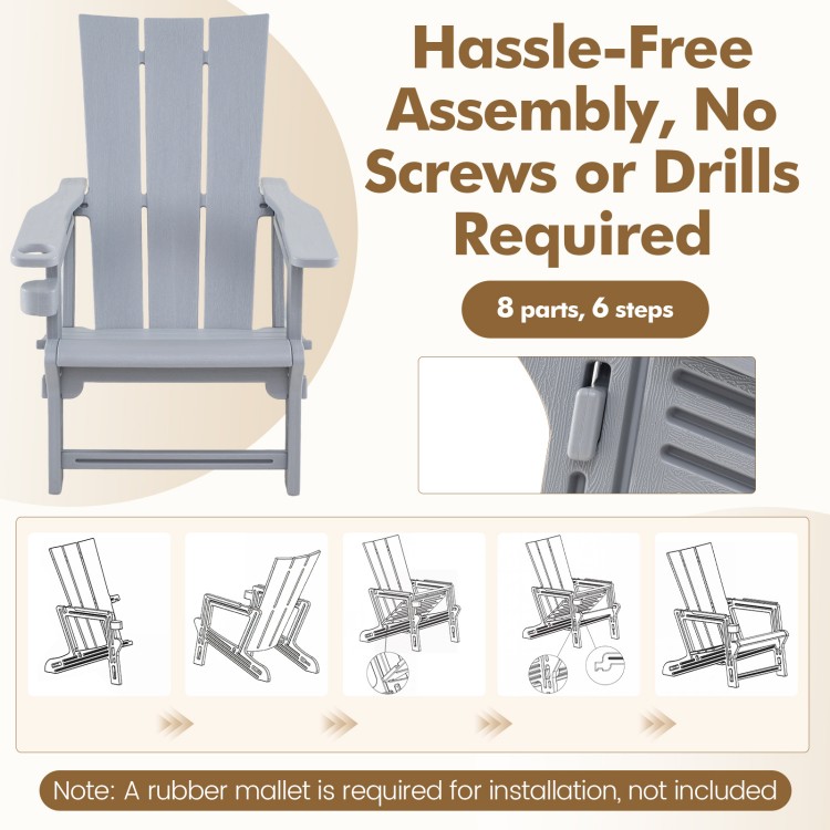 Adirondack chair set of 2 in gray with cup holder, made of all-weather HDPE plastic for outdoor patio use.