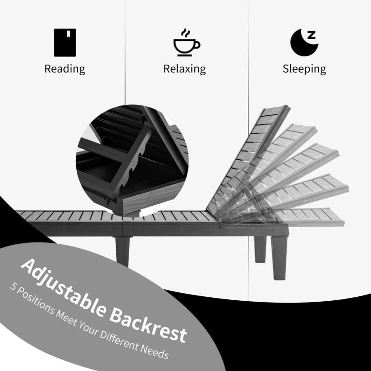 Adjustable backrest of outdoor chaise lounge chair in black, showcasing 5 positions for reading, relaxing, or sleeping.