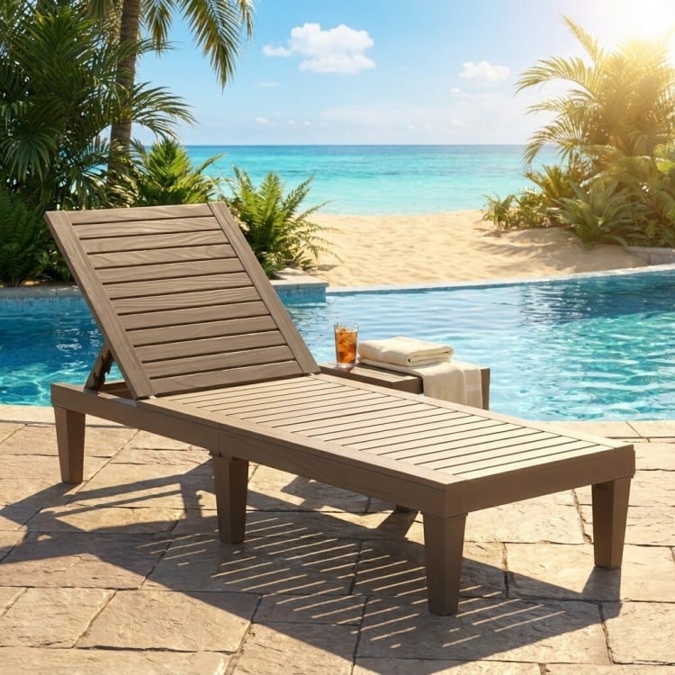 Brown outdoor chaise lounge chair with adjustable backrest, perfect for relaxing by the poolside or patio.
