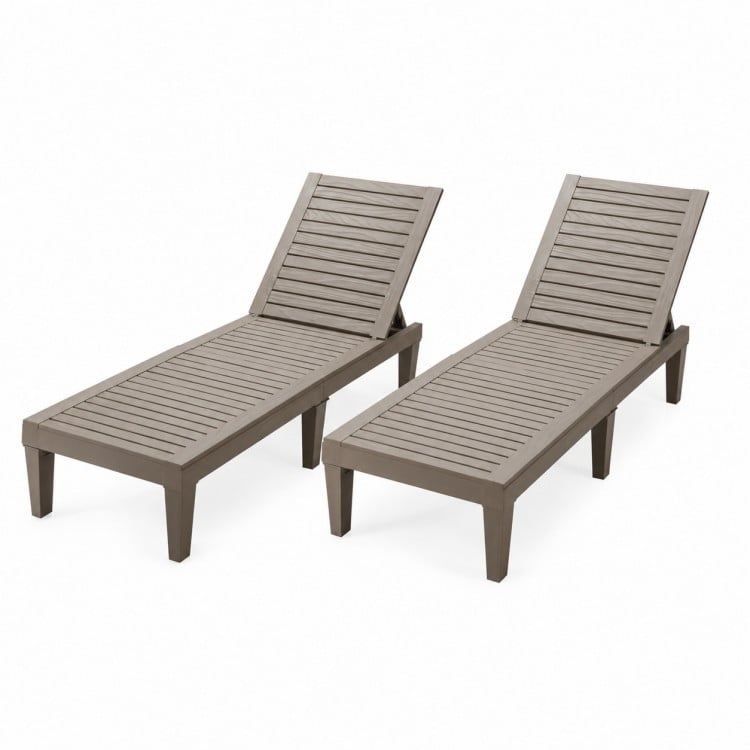 Set of 2 brown outdoor chaise lounge chairs with adjustable backrests, perfect for patio or poolside relaxation.