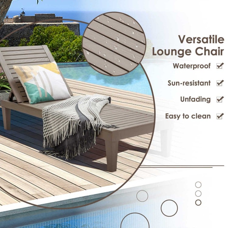 Adjustable backrest outdoor chaise lounge chair in brown, perfect for patio or poolside relaxation.