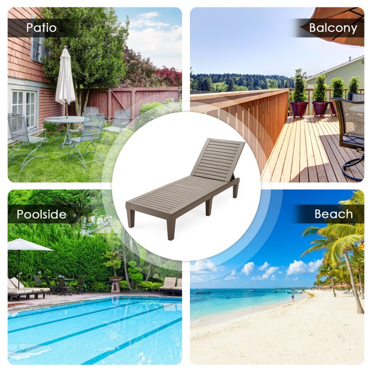 Brown outdoor chaise lounge chair with adjustable backrest, perfect for patio, poolside, or garden relaxation.