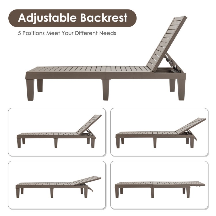 Brown outdoor chaise lounge chair with adjustable backrest in five positions, perfect for patio or poolside relaxation.