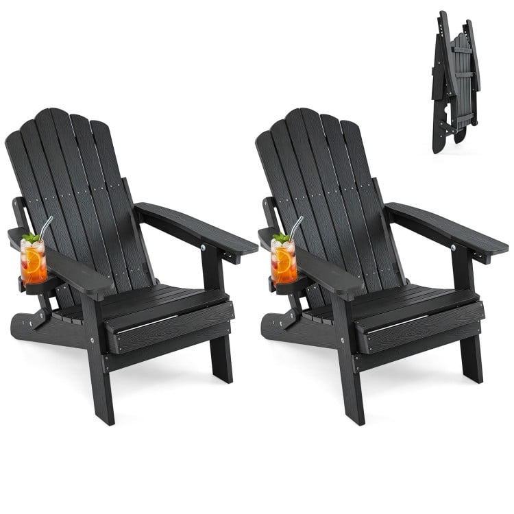 Set of 2 black outdoor folding Adirondack chairs with cup holder and adjustable 5-level backrest for versatile comfort.