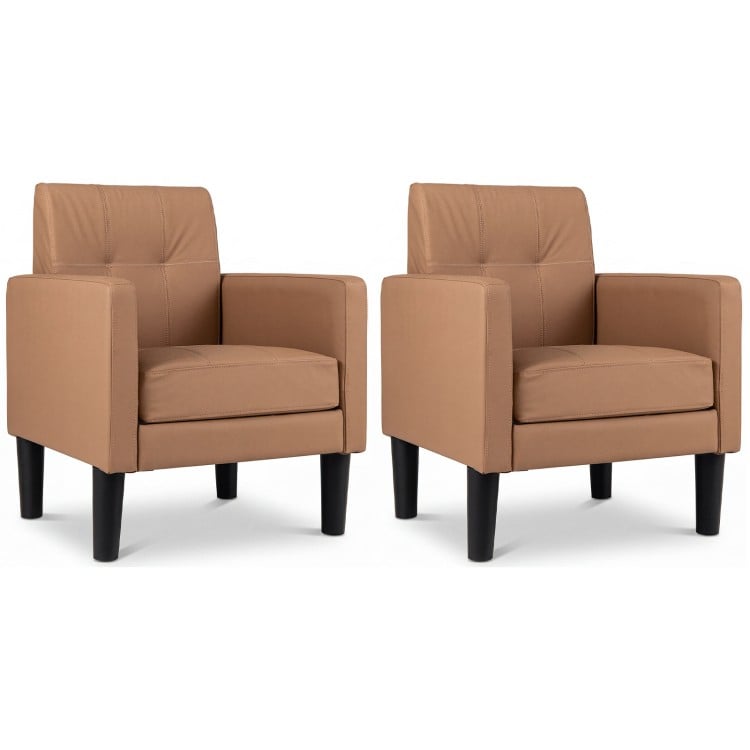 Set of 2 brown PU leather modern accent chairs with removable cushions, ideal for living rooms and home offices.