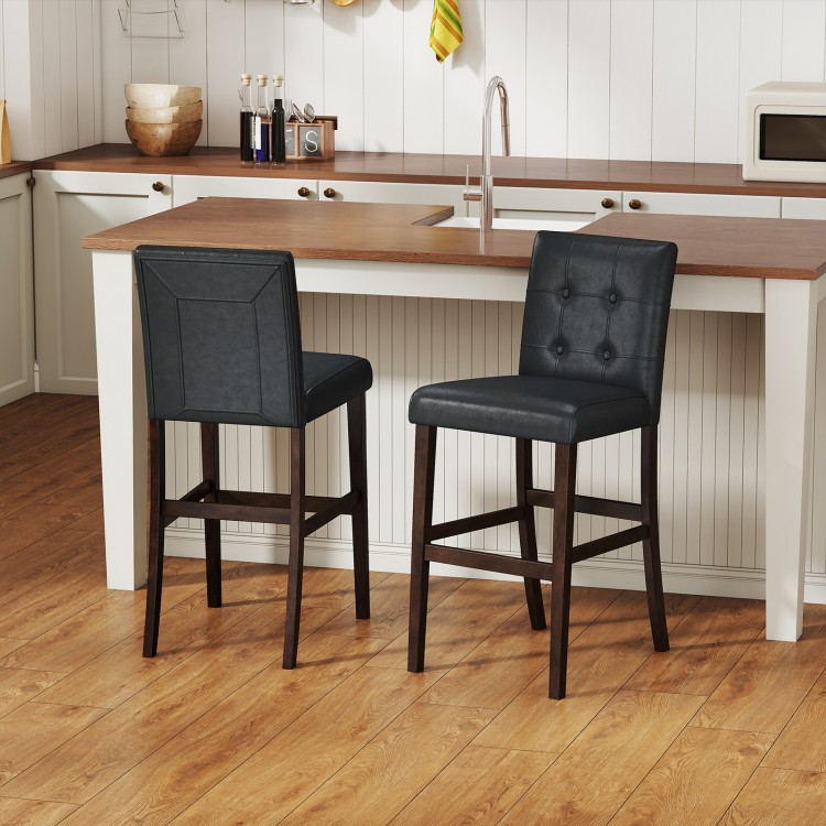 Set of 2 PVC leather bar stools with solid wood legs, featuring comfortable upholstery and a durable rubber wood frame.