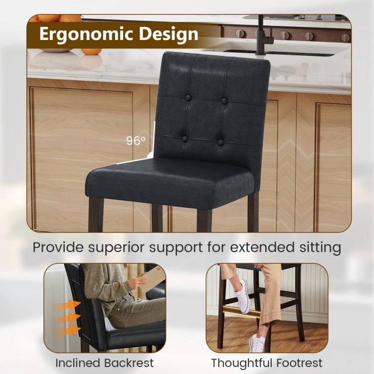 Black PVC leather bar stool with solid wood legs, featuring an ergonomic design for comfortable extended sitting.