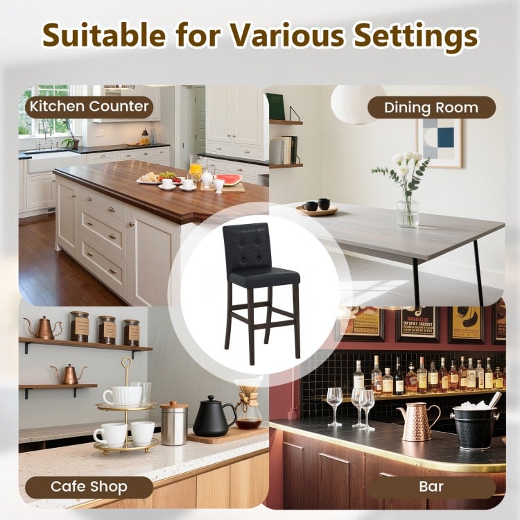 Bar stool with PVC leather upholstery and solid rubber wood legs, ideal for kitchen, café, and bar settings.