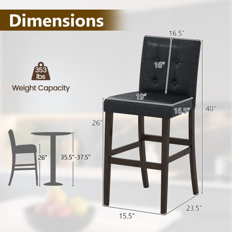 Bar stool dimensions with PVC leather upholstery and solid wood legs, ideal for kitchen or bar use.