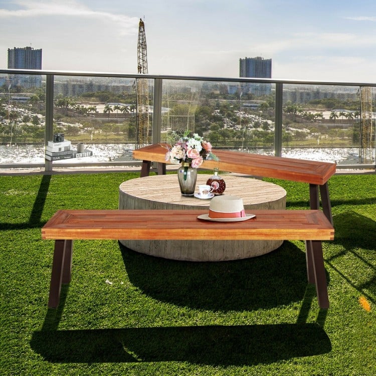 Set of 2 patio acacia wood dining benches with sturdy steel legs, perfect for outdoor dining and relaxation.