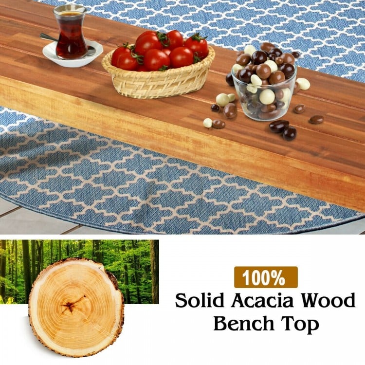 Acacia wood dining bench top showcasing natural finish, perfect for outdoor decor and durable for long-lasting use.