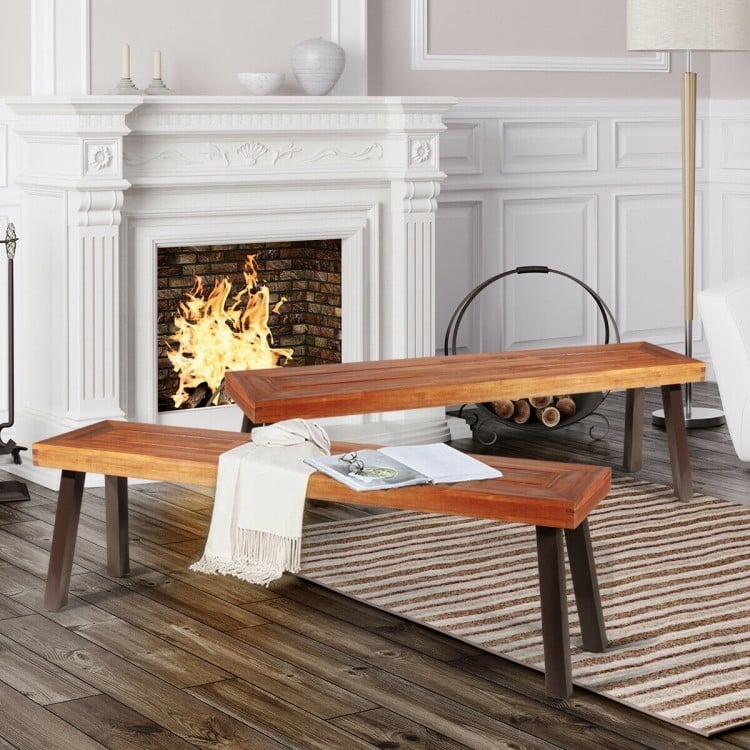 Set of 2 acacia wood dining benches with steel legs, perfect for outdoor use and easy to clean.