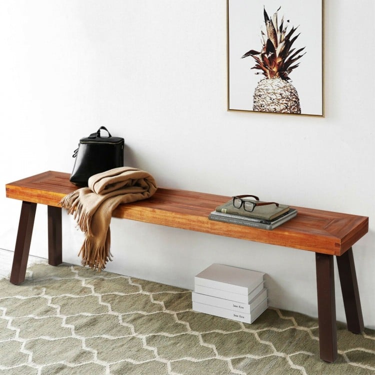 Acacia wood dining bench with thick steel legs, perfect for outdoor use, featuring a natural style and waterproof.