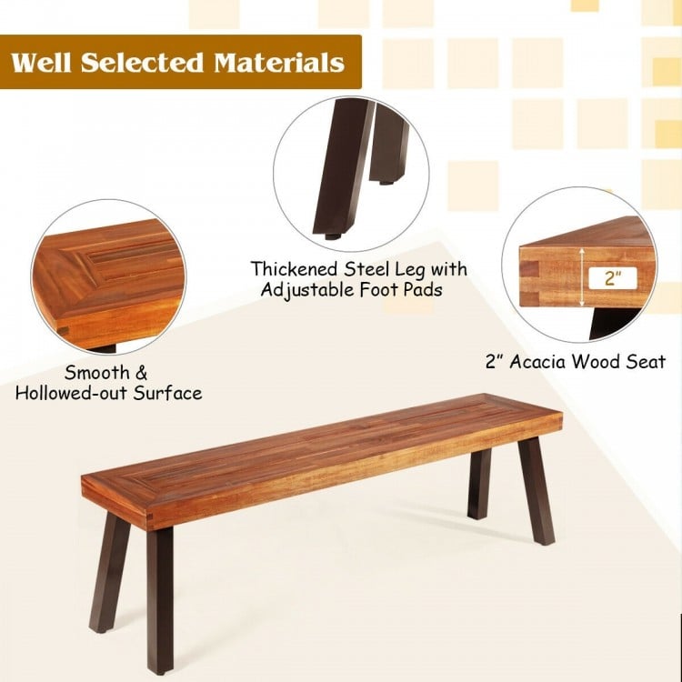 Acacia wood dining bench with thick steel legs and adjustable foot pads, perfect for outdoor use and easy to clean.
