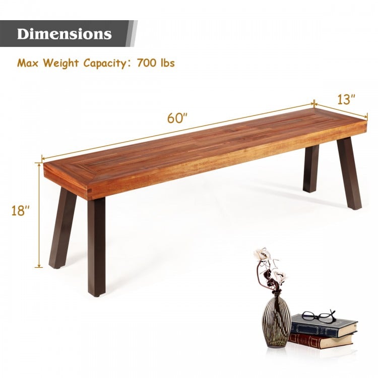 Acacia wood dining bench with steel legs, 60" long, 18" high, 13" wide, supports up to 700 lbs, ideal for outdoor use.