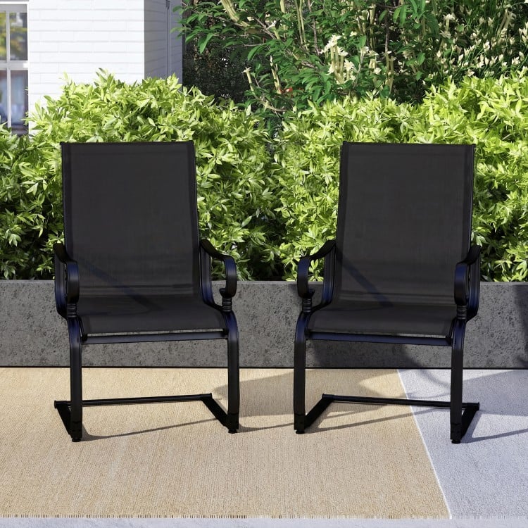 Set of 2 black patio chairs with breathable fabric, featuring a high backrest and curved armrests for backyard.