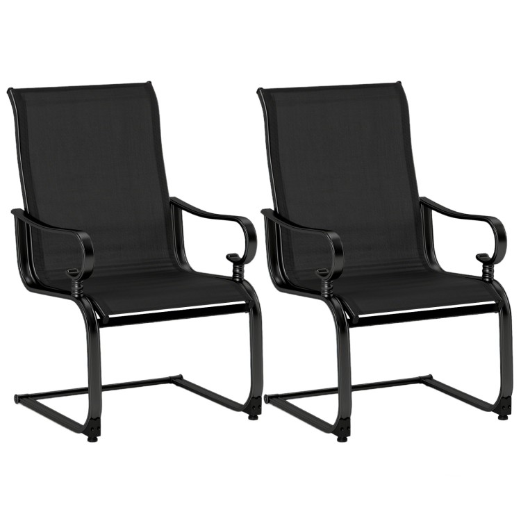Black patio chair with anti-slip foot pads and sturdy metal frame, designed for comfort in outdoor spaces.