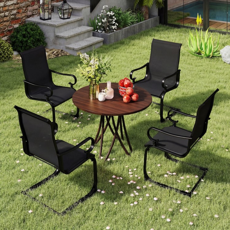 Set of 2 black patio chairs with breathable fabric and curved armrests, perfect for backyard relaxation.